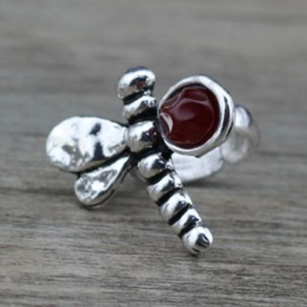 Dragonfly Ring Retro Silver & Red Stone Adjustable